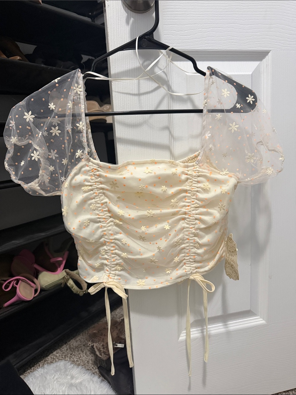 Altar'd State Cream Floral Ruched Puff-Sleeve Crop Top